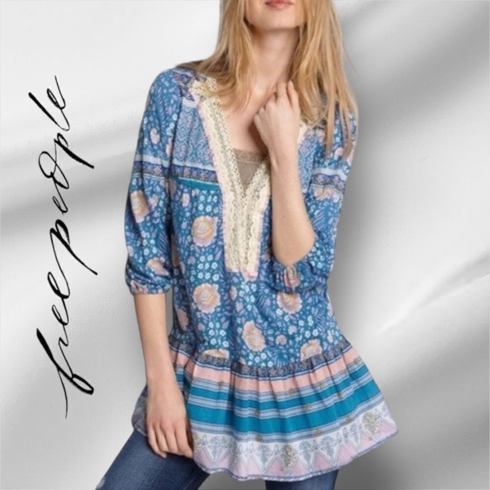 FREE PEOPLE Women’s Sweet Poland Printed Tunic in the Size Medium in Blue Combo